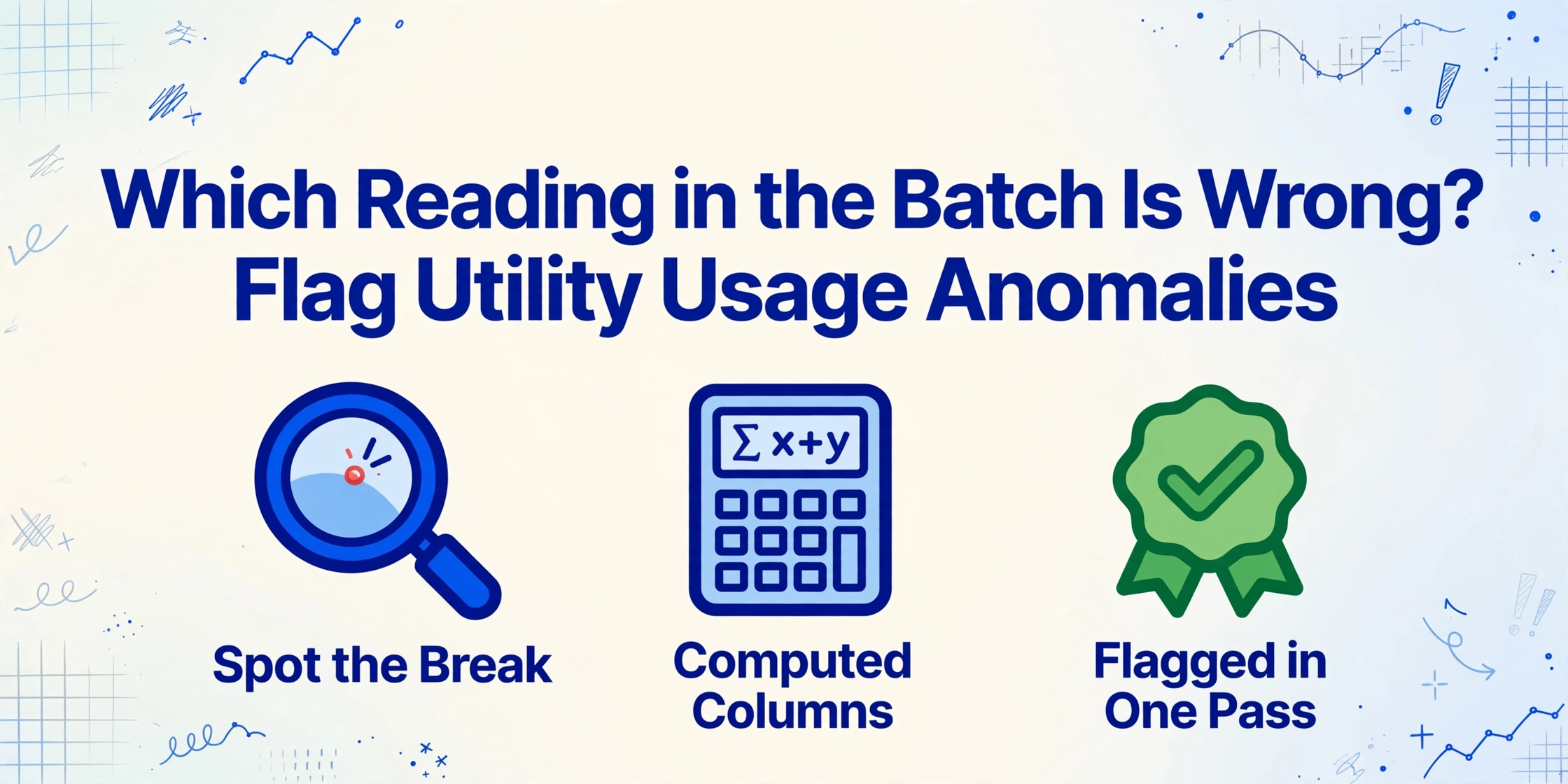 Illustration with title 'Which Reading in the Batch Is Wrong? Flag Utility Usage Anomalies' and three icons: magnifying glass on data point, calculator, green checkmark badge, on light blue gradient background with hand-drawn grid and line decorations.