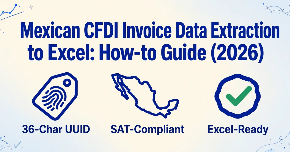 Guide de titre d'extraction de données de factures CFDI mexicaines vers Excel avec icônes pour un UUID de 36 caractères, conforme SAT et prêt pour Excel