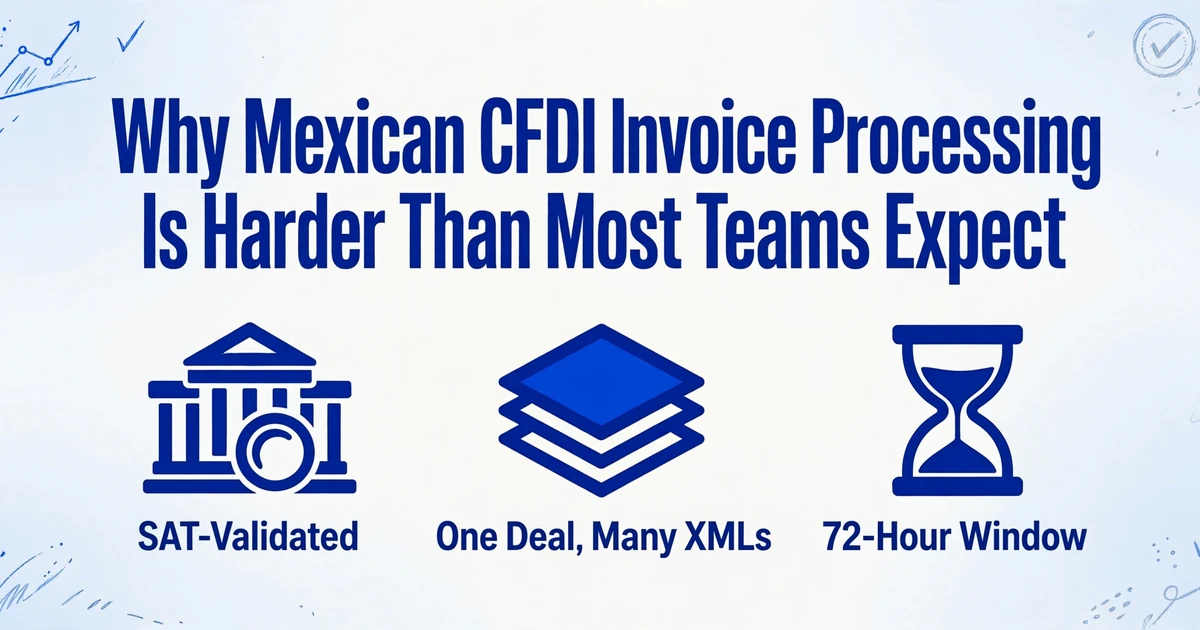 Imagen de portada del blog con el título 'Por qué el procesamiento de facturas CFDI mexicanas es más difícil de lo que la mayoría de los equipos esperan' y tres iconos que representan Validado por SAT, Un trato muchos XML y Ventana de 72 horas