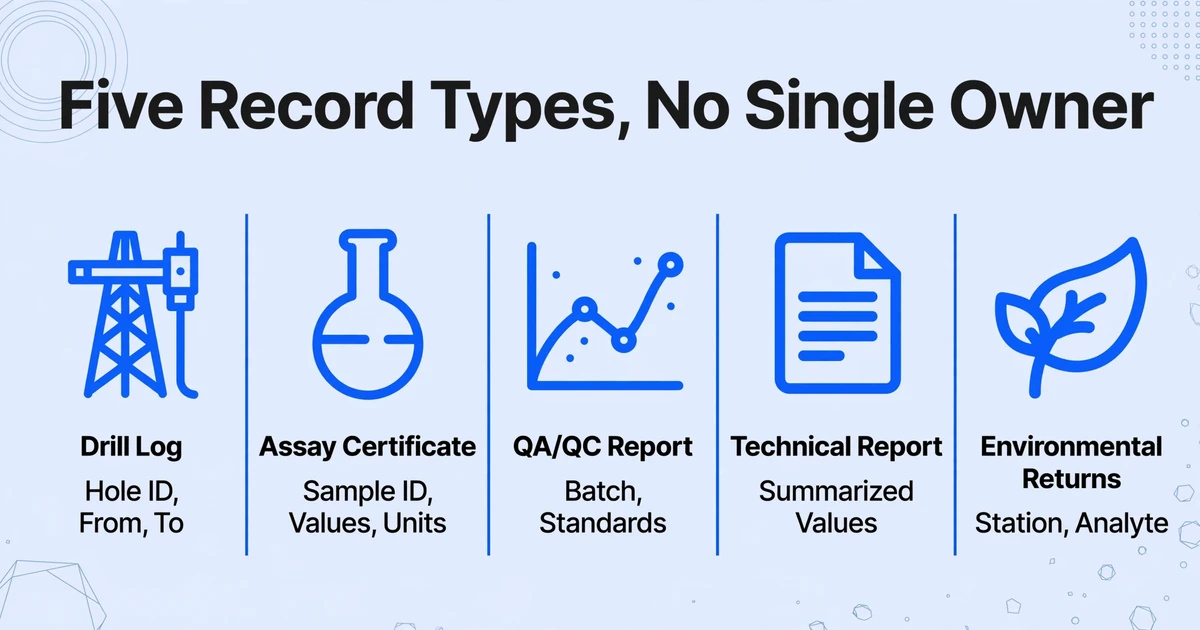 Five columns showing drill log, assay certificate, QA/QC report, technical report, and environmental returns with their key fields