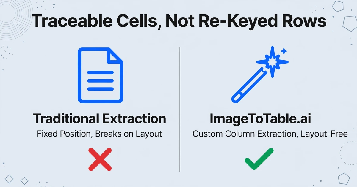 Comparison between traditional fixed-position extraction with red X and ImageToTable.ai with green checkmark showing custom column extraction