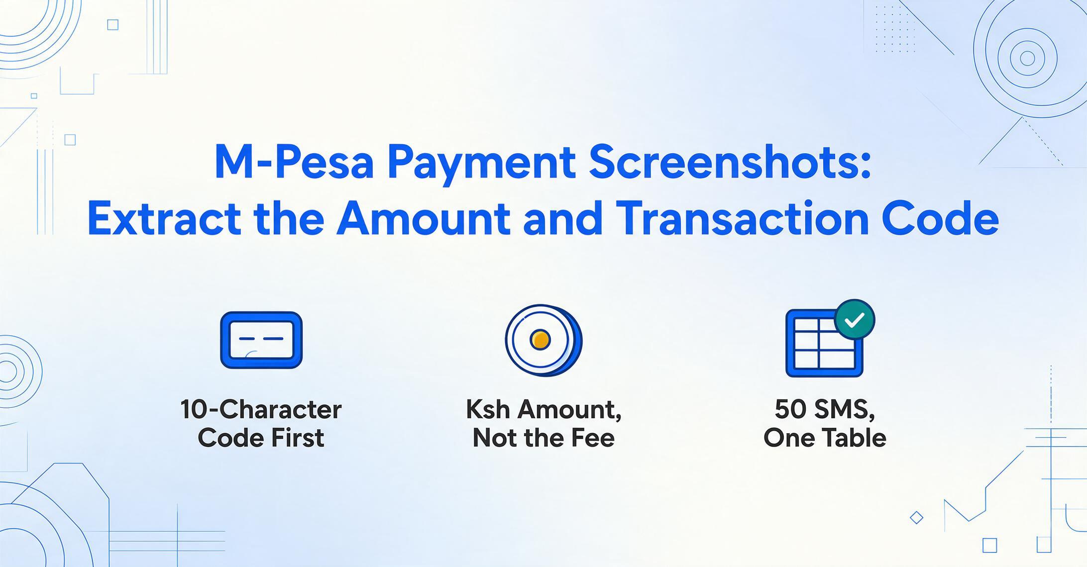 Blog-Titelbild: der Titel 'M-Pesa Payment Screenshots: Extract the Amount and Transaction Code' in kräftigem Blau über drei flachen Vektor-Icons mit den Beschriftungen '10-Character Code First', 'Ksh Amount, Not the Fee' und '50 SMS, One Table', auf einem sanften Verlauf von Creme zu hellem Blau mit dünnen blauen geometrischen Linienverzierungen in den Ecken.