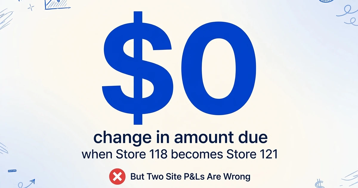 A large zero with the caption 'change in amount due when Store 118 becomes Store 121' and a red X badge saying 'But Two Site P&Ls Are Wrong'