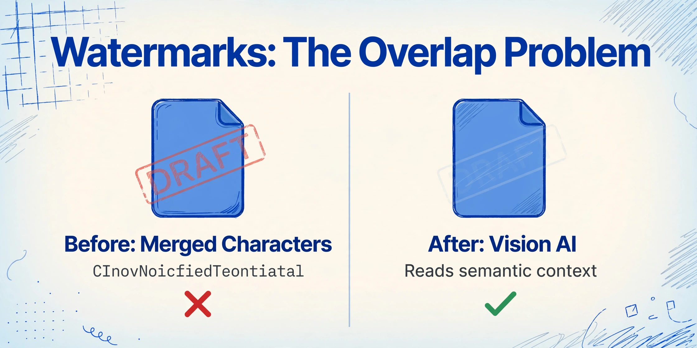 Comparison of watermark overlay before and after vision AI processing, with red X and green checkmark indicating success