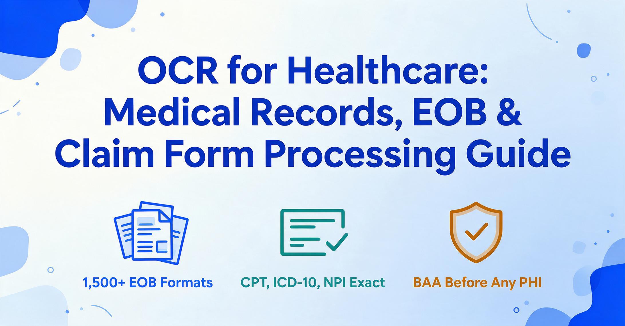 Flat vector hero image with the article title and three icons: 1,500+ EOB formats, exact CPT/ICD-10/NPI code extraction, and a signed BAA before any PHI.