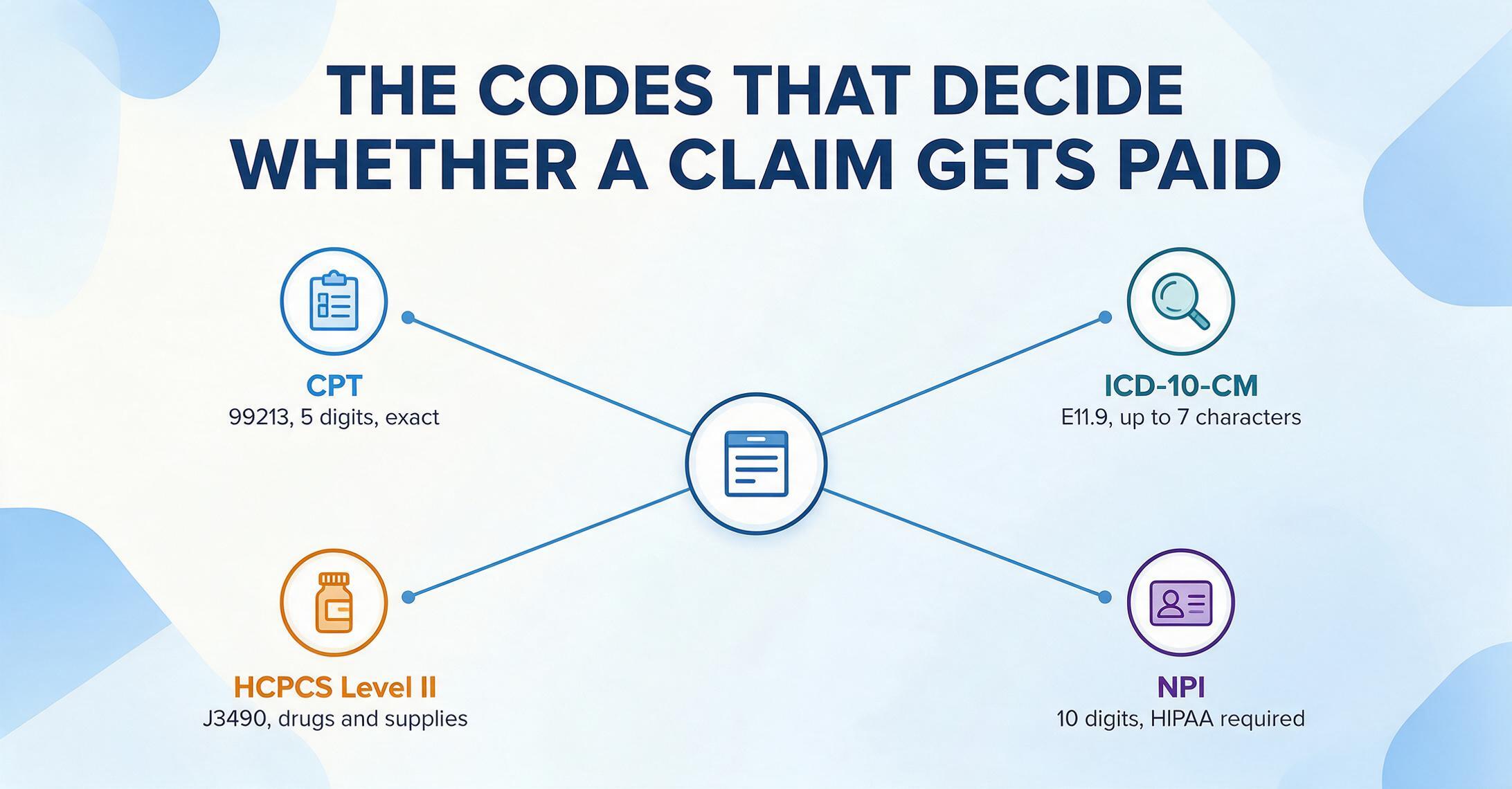 Radial diagram with a claim form at the center and four code systems around it: CPT 99213 (5 digits), ICD-10-CM E11.9 (up to 7 characters), HCPCS Level II J3490, and the 10-digit NPI.