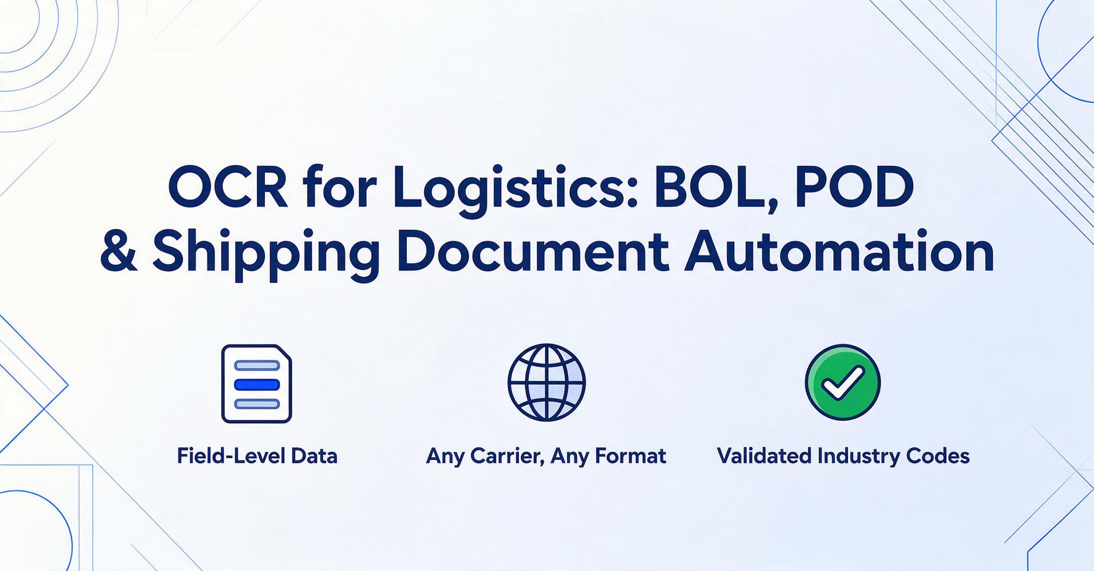 OCR for logistics infographic showing field-level data extraction from BOL, POD and shipping documents, any carrier format support, and industry code validation