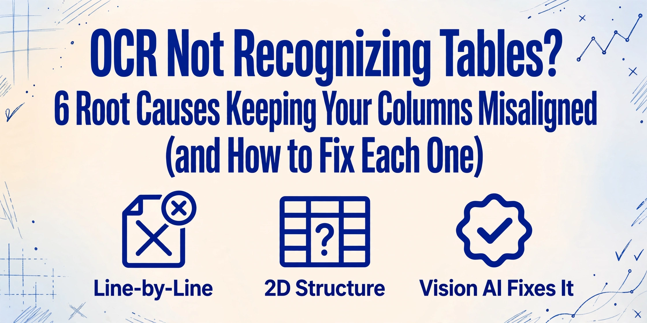 Blog cover image with title about OCR not recognizing tables and six root causes, with icons for line-by-line scanning, 2D structure, and vision AI fix