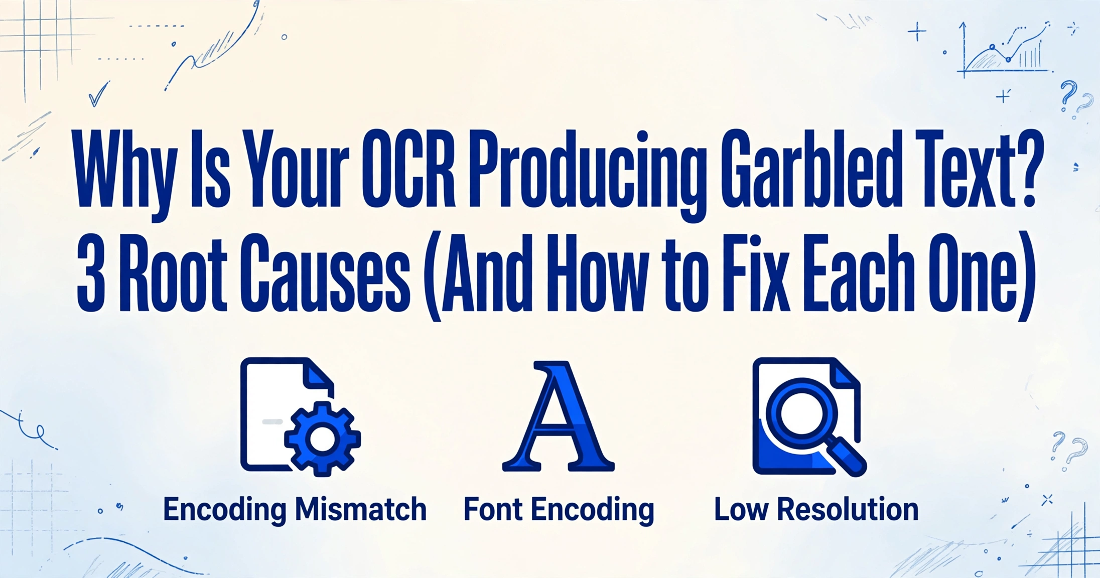 Blog cover image with title 'Why Is Your OCR Producing Garbled Text? 3 Root Causes (And How to Fix Each One)' and three icons for Encoding Mismatch, Font Encoding, and Low Resolution