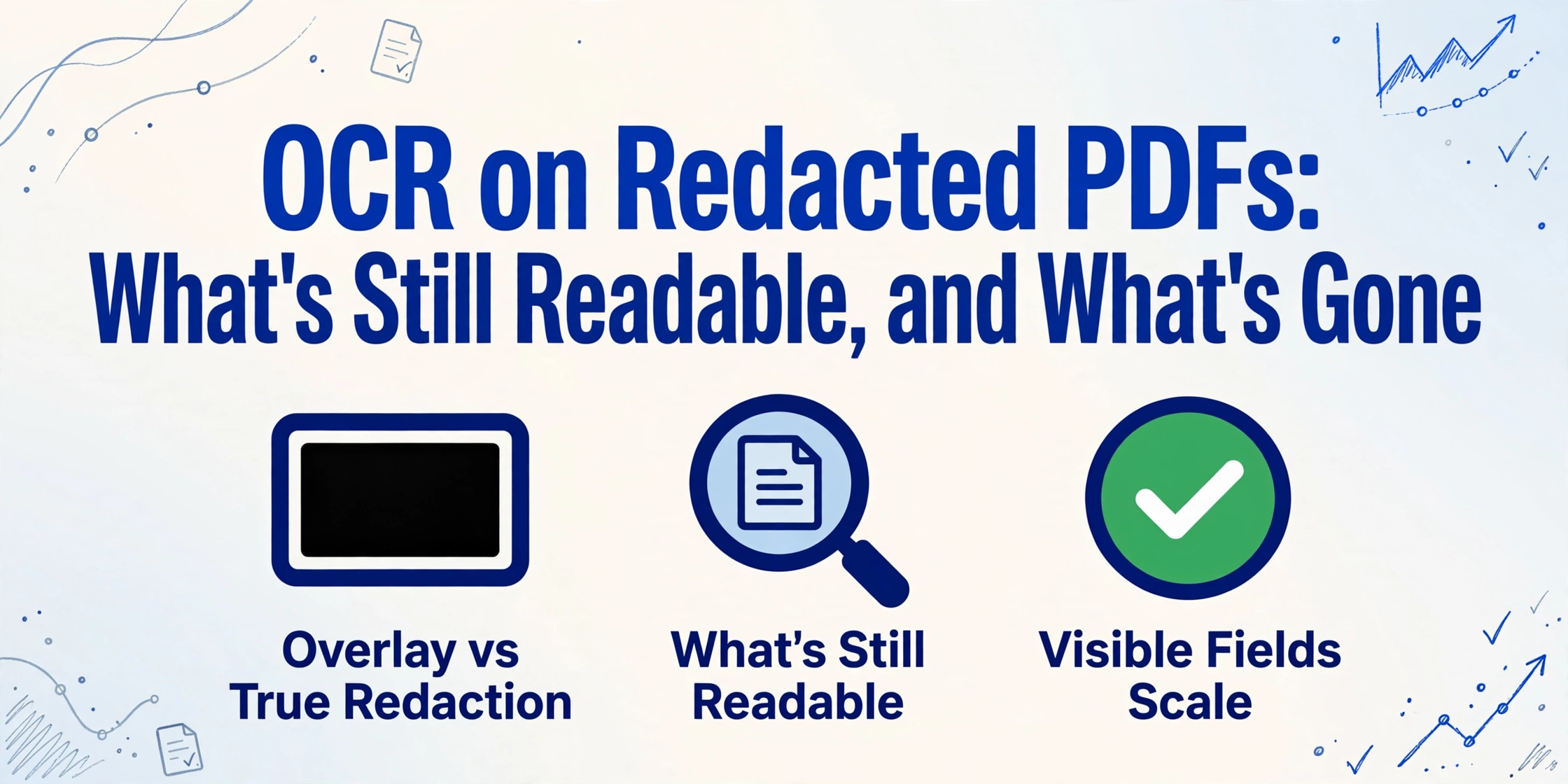 Blog cover image with title 'OCR on Redacted PDFs: What's Still Readable, and What's Gone' and three icons below: Overlay vs True Redaction, What's Still Readable, Visible Fields Scale