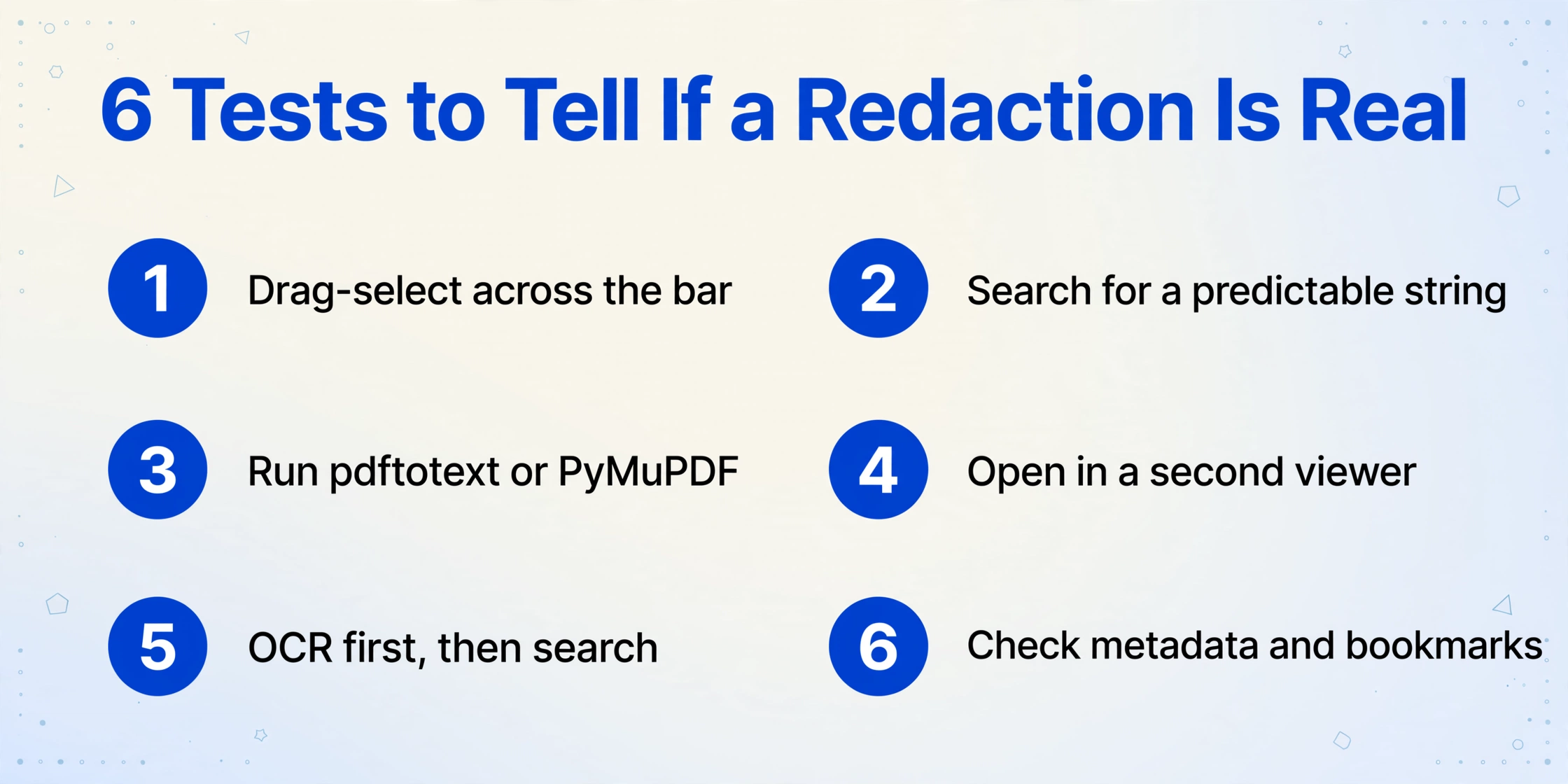 Lista de 6 pruebas para comprobar si una redacción es real: Seleccionar arrastrando sobre la barra, Buscar una cadena predecible, Ejecutar pdftotext o PyMuPDF, Abrir en un segundo visor, Hacer OCR y luego buscar, Revisar metadatos y marcadores
