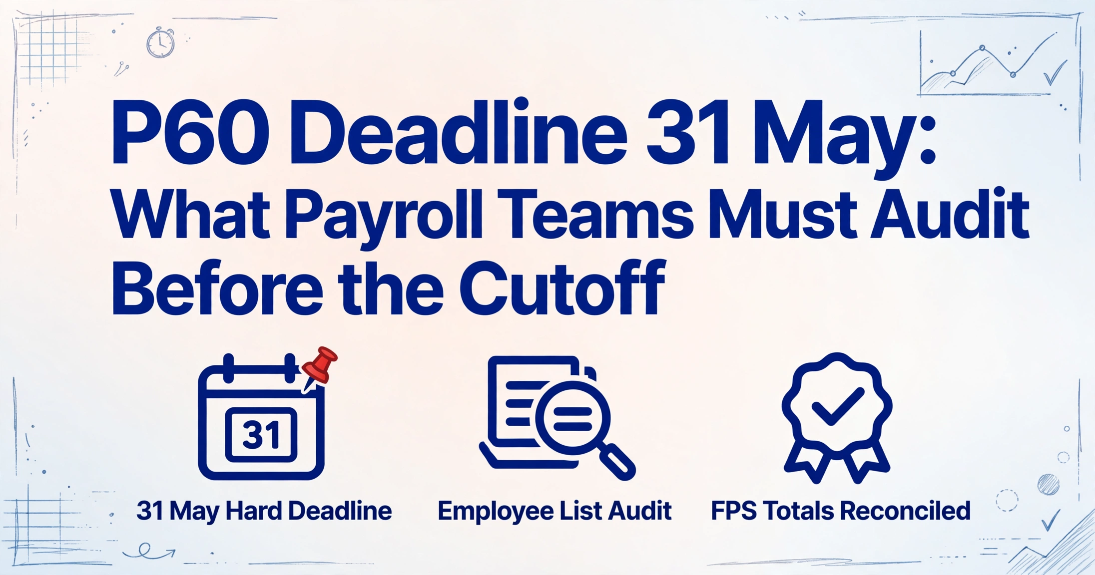 Illustration with title 'P60 Deadline 31 May: What Payroll Teams Must Audit Before the Cutoff' and three icons: calendar with red deadline mark, magnifying glass over document list, and checkmark badge, on a light blue gradient background with hand-drawn line decorations.