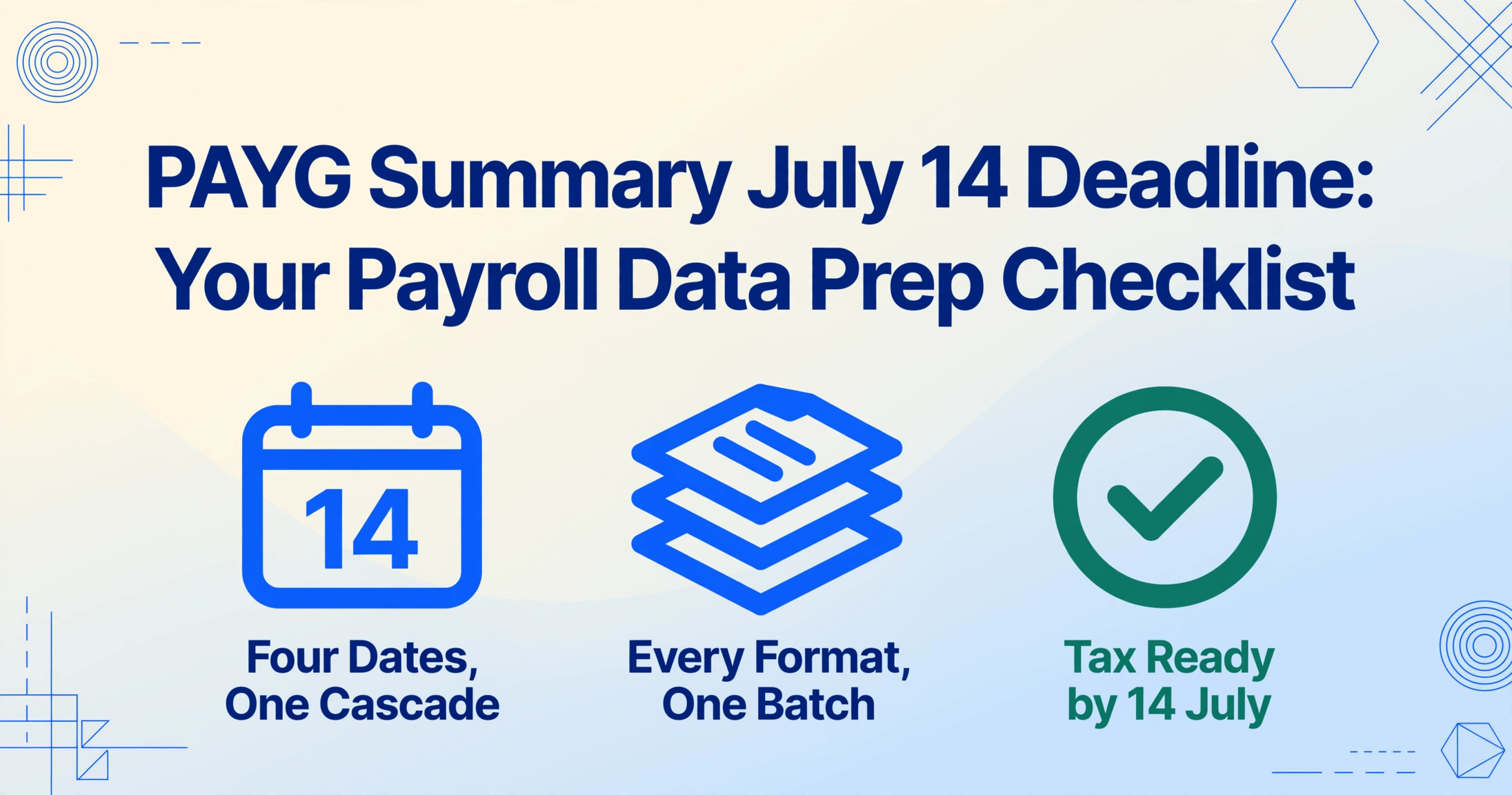 Blog hero image titled 'PAYG Summary July 14 Deadline: Your Payroll Data Prep Checklist' with three flat vector icons below it: a calendar for four cascading dates, stacked documents for one-batch extraction, and a green check badge for Tax Ready by 14 July.