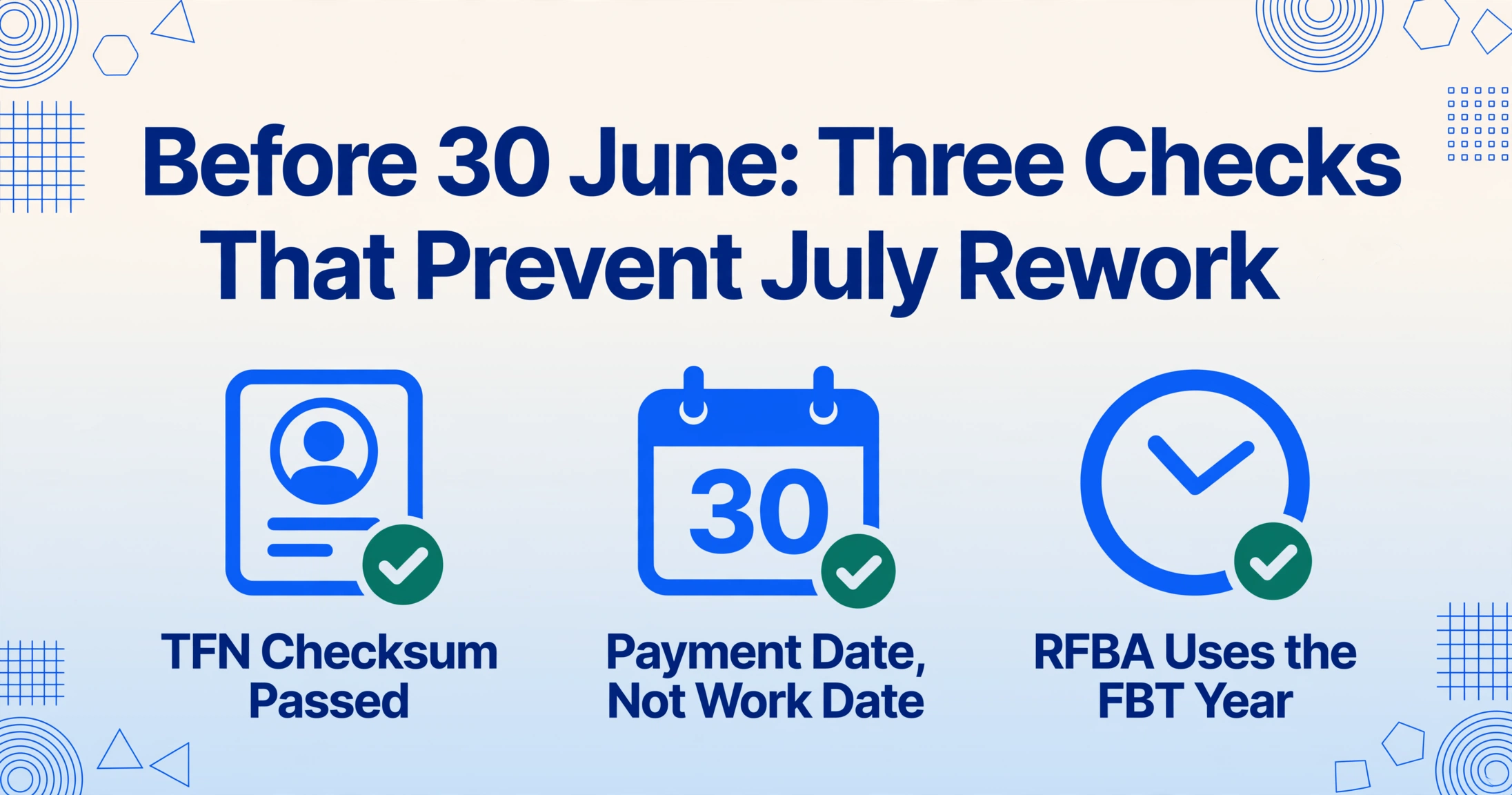 Info card titled 'Before 30 June: Three Checks That Prevent July Rework' with three flat vector icons: an employee record card for TFN checksum, a calendar for payment date versus work date, and a clock for RFBA using the FBT year.