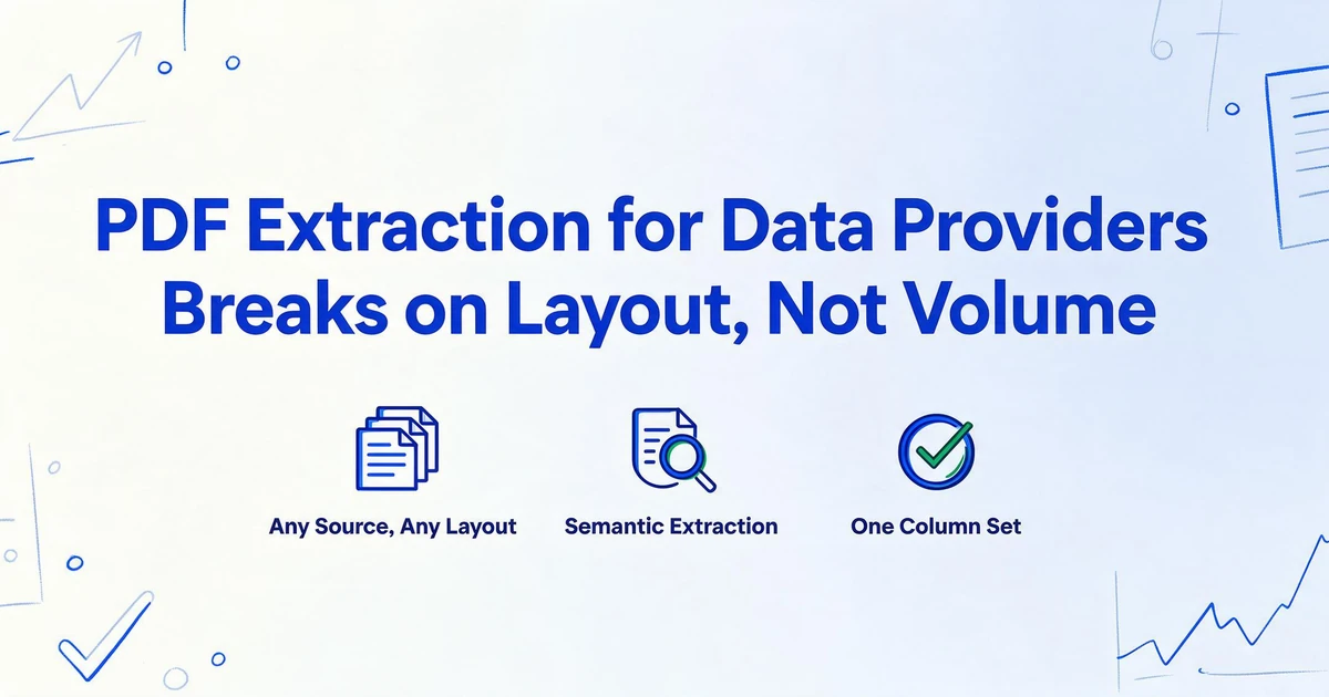 Hero image with the title 'PDF Extraction for Data Providers Breaks on Layout, Not Volume' and three icons for Any Source Any Layout, Semantic Extraction, and One Column Set