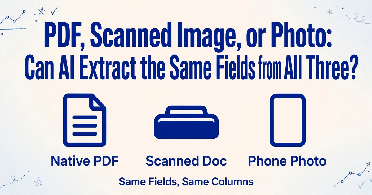 Eine saubere redaktionelle Illustration mit dem Titel 'PDF, gescanntes Bild oder Foto: Kann KI aus allen dreien dieselben Felder extrahieren?' in kräftigem Dunkelblau, darunter drei Symbole für natives PDF, gescanntes Dokument und Handyfoto mit Beschriftungen, sowie ein Untertitel 'Gleiche Felder, gleiche Spalten', mit dezenten handgezeichneten blauen Linienverzierungen in den Ecken.