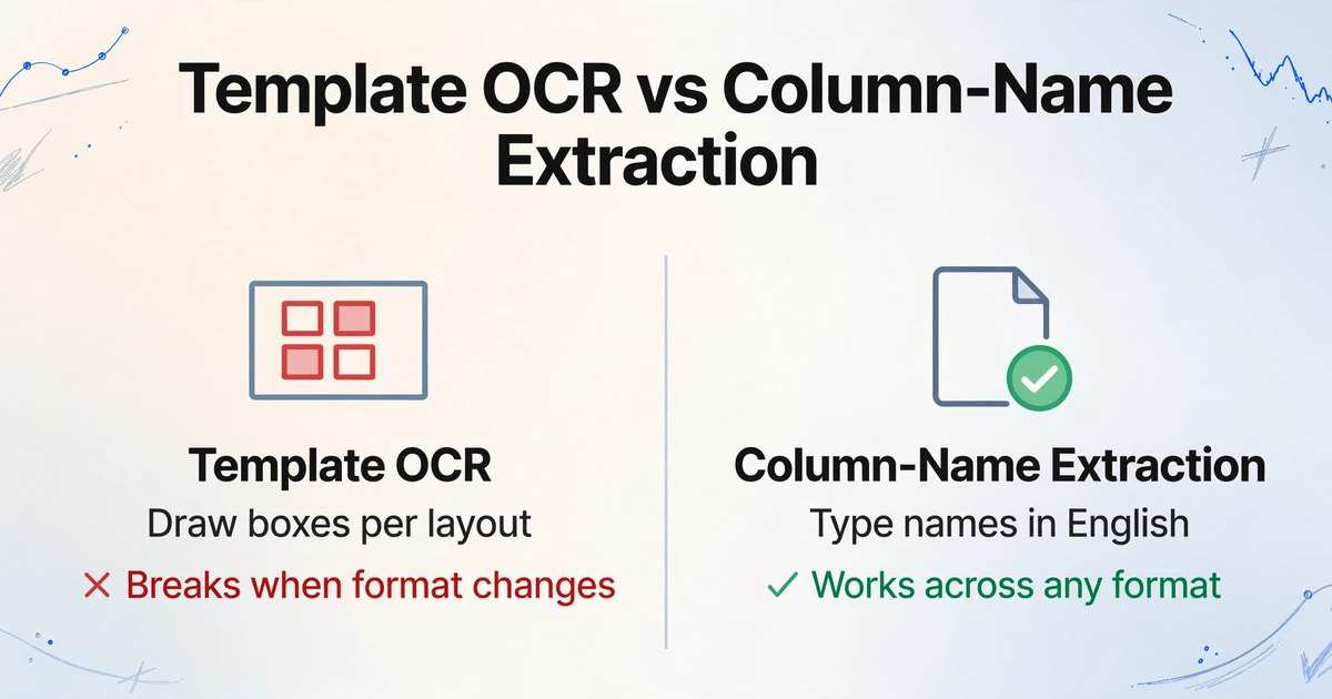 Ein zweispaltiger Vergleich mit dem Titel 'Template OCR vs. Spaltennamensextraktion'. Die linke Spalte zeigt ein Vorlagenfeld-Symbol mit rotem X und dem Text 'Bricht, wenn sich das Format ändert'; die rechte Spalte zeigt ein Dokument mit grünem Häkchen und dem Text 'Funktioniert in jedem Format'. Handgezeichnete blaue Linienverzierungen in den Ecken.