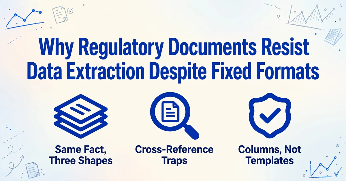Blog cover image with title 'Why Regulatory Documents Resist Data Extraction Despite Fixed Formats' and three icons: same fact three shapes, cross-reference traps, columns not templates
