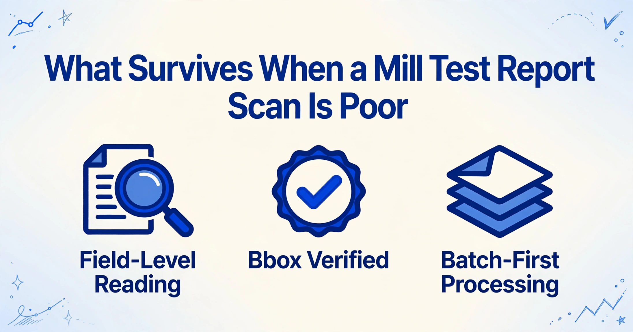 A clean editorial-style hero image with the title 'What Survives When a Mill Test Report Scan Is Poor' in large dark blue text, below it three icons with labels 'Field-Level Reading', 'Bbox Verified', and 'Batch-First Processing', with subtle hand-drawn blue line decorations in the corners