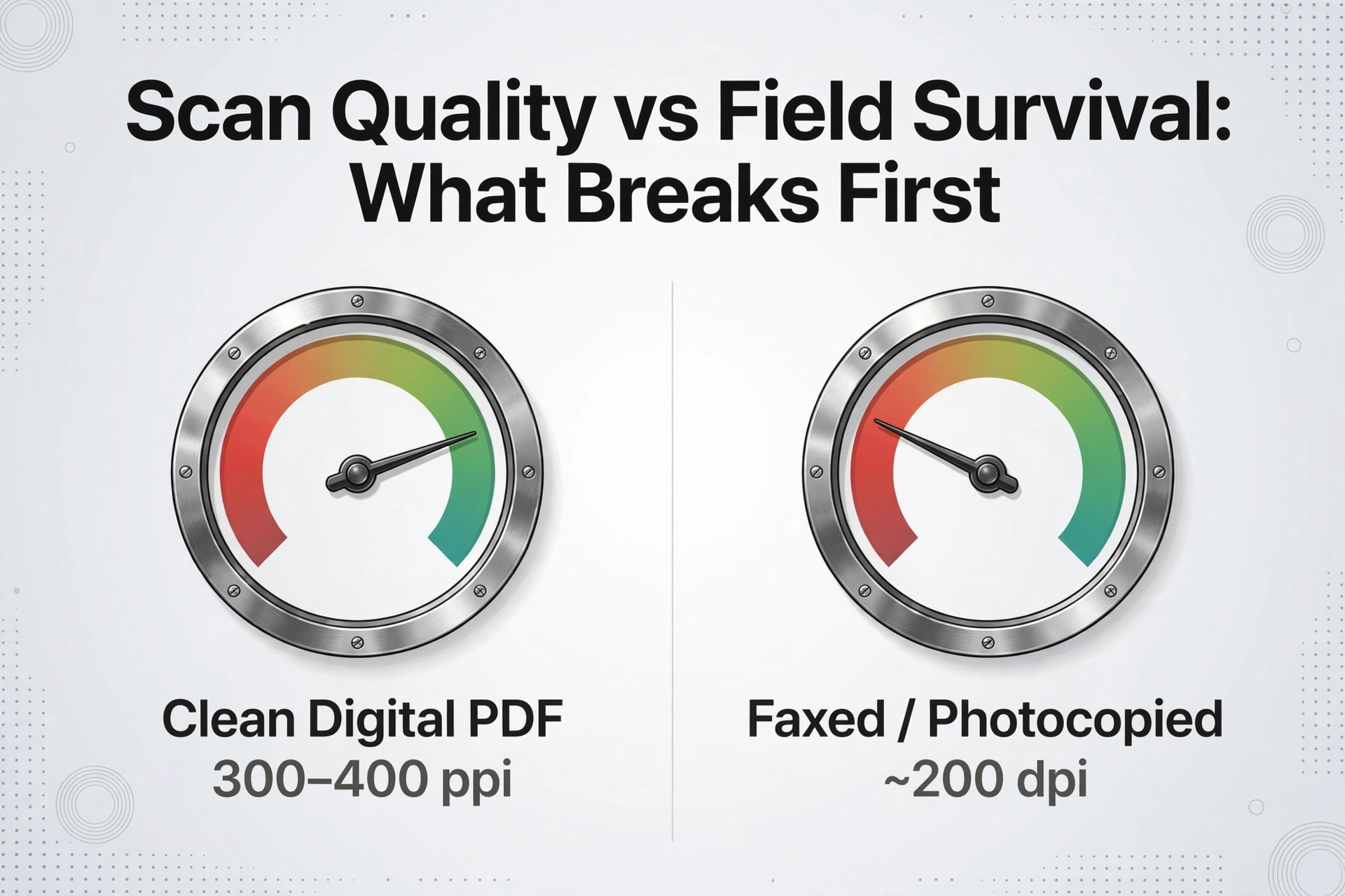 A two-column comparison chart titled 'Scan Quality vs Field Survival: What Breaks First', with two identical gauge icons showing different pointer positions, labeled 'Clean Digital PDF' at 300-400 ppi and 'Faxed / Photocopied' at ~200 dpi