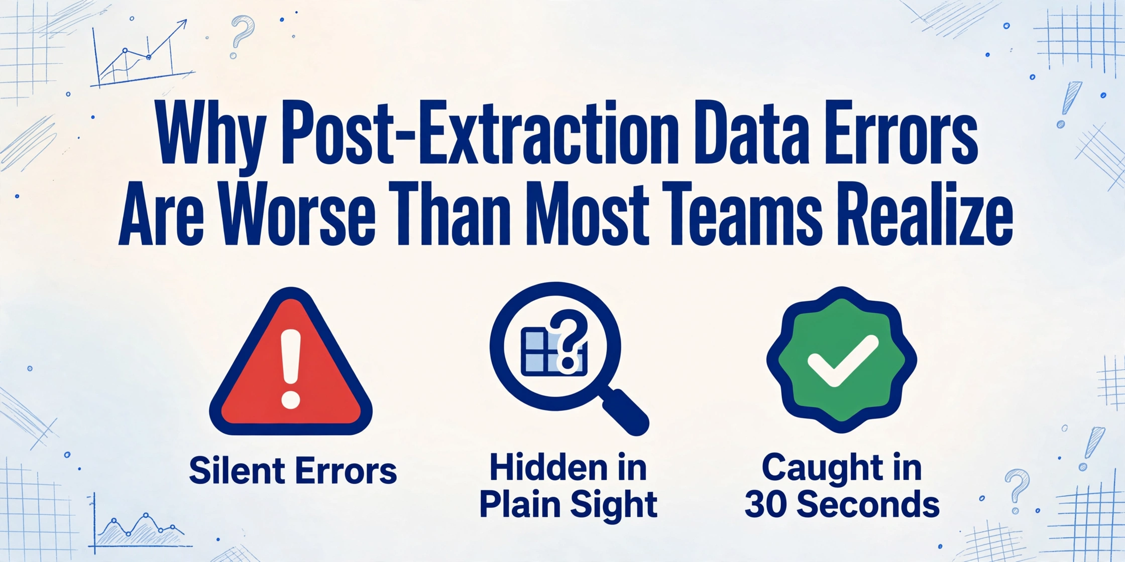Blog cover image with the title 'Why Post-Extraction Data Errors Are Worse Than Most Teams Realize' in large dark blue text, with three icons below: a red warning triangle labeled 'Silent Errors', a magnifying glass over a table with a question mark labeled 'Hidden in Plain Sight', and a green checkmark badge labeled 'Caught in 30 Seconds'. Background has light blue hand-drawn sketch lines of table grids and data curves in the corners.