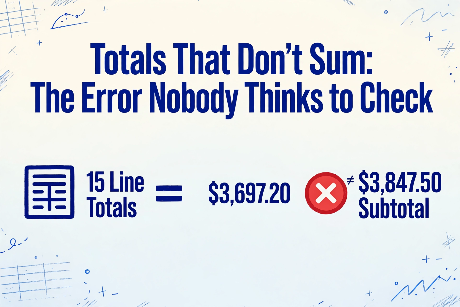 Infographic showing the equation '15 Line Totals = $3,697.20 ≠ $3,847.50 Subtotal' with icons for a document, an equals sign, and a red X badge, illustrating that extracted line totals do not sum to the extracted subtotal.