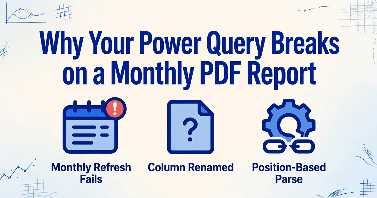 Illustration showing why Power Query breaks on monthly PDF reports, with icons for monthly refresh failure, renamed columns, and position-based parsing