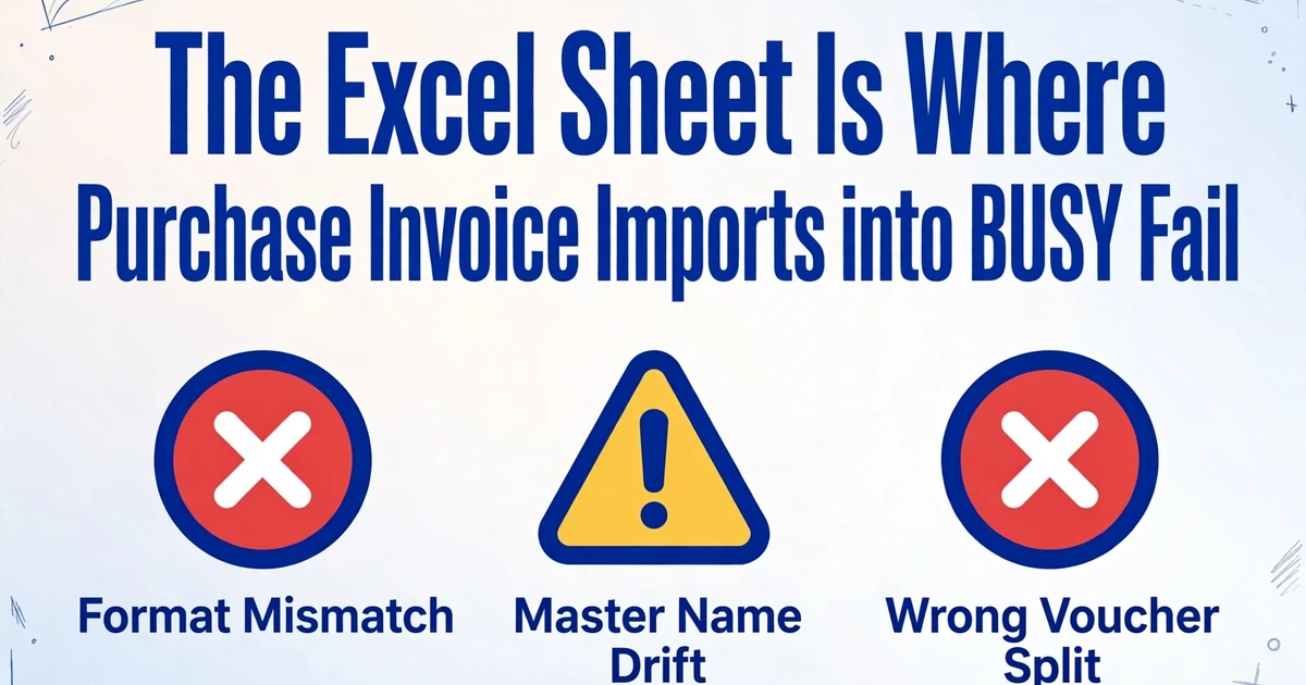 A poster-style illustration with the title 'The Excel Sheet Is Where Purchase Invoice Imports into BUSY Fail' in bold dark blue text, below it three icons with labels 'Format Mismatch', 'Master Name Drift', and 'Wrong Voucher Split', with light blue hand-drawn line decorations in the corners on a soft off-white to light blue gradient background.
