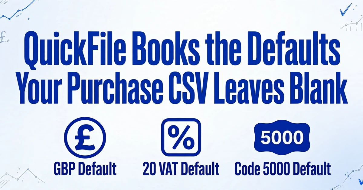 Title 'QuickFile Books the Defaults Your Purchase CSV Leaves Blank' with three icons below: GBP currency symbol, VAT rate 20, and code 5000, on a clean gradient background with hand-drawn financial doodles in corners.