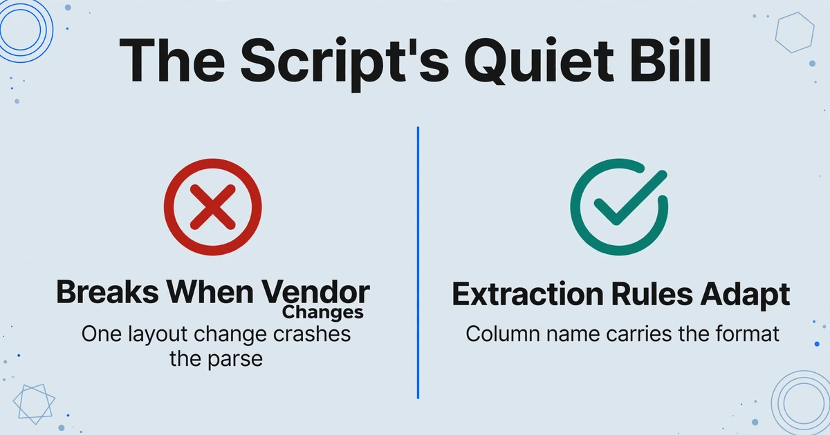 Comparación que muestra que un script se rompe cuando el proveedor cambia, mientras que las reglas de extracción se adaptan, con iconos de cruz roja y marca verde