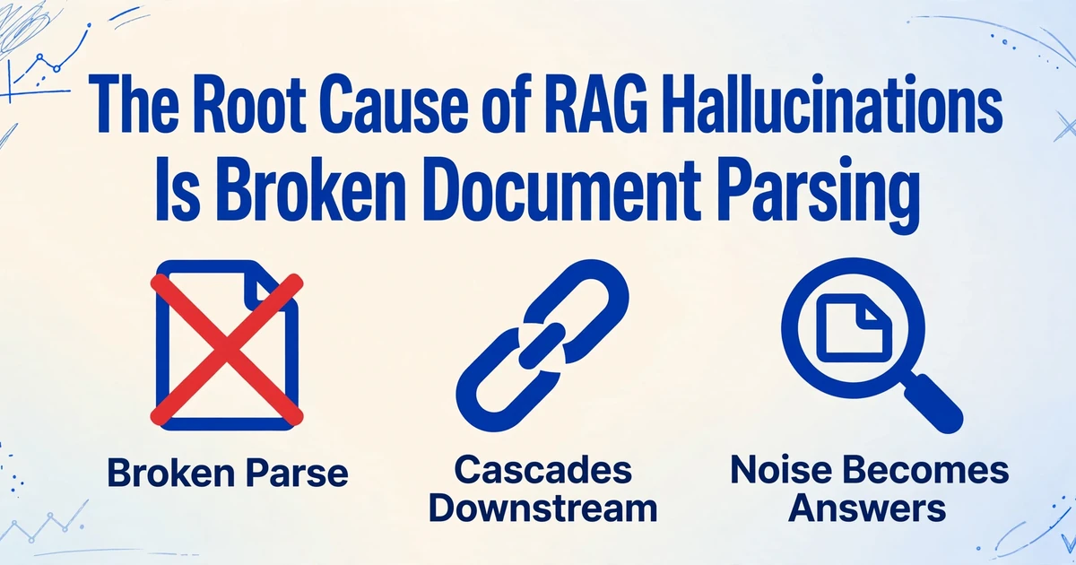 Title reading The Root Cause of RAG Hallucinations Is Broken Document Parsing with three icons below: broken document with red cross cascading downstream, broken chain, and magnifying glass over document