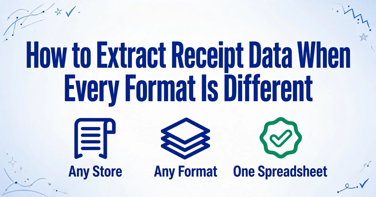 Blog cover image titled 'How to Extract Receipt Data When Every Format Is Different' with three icons representing Any Store, Any Format, and One Spreadsheet