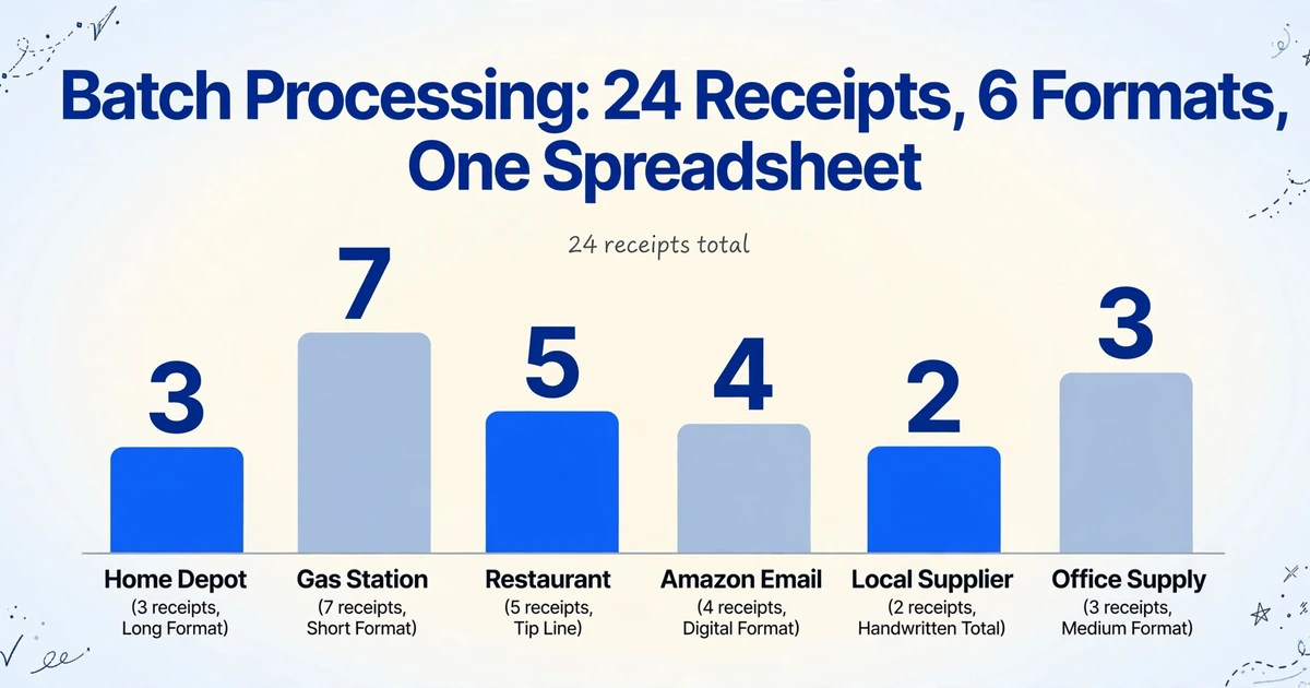 6가지 형식 유형에 걸친 24장의 영수증을 보여주는 막대 차트: Home Depot 3, Gas Station 7, Restaurant 5, Amazon Email 4, Local Supplier 2, Office Supply 3, 제목은 배치 처리: 24장의 영수증, 6가지 형식, 하나의 스프레드시트