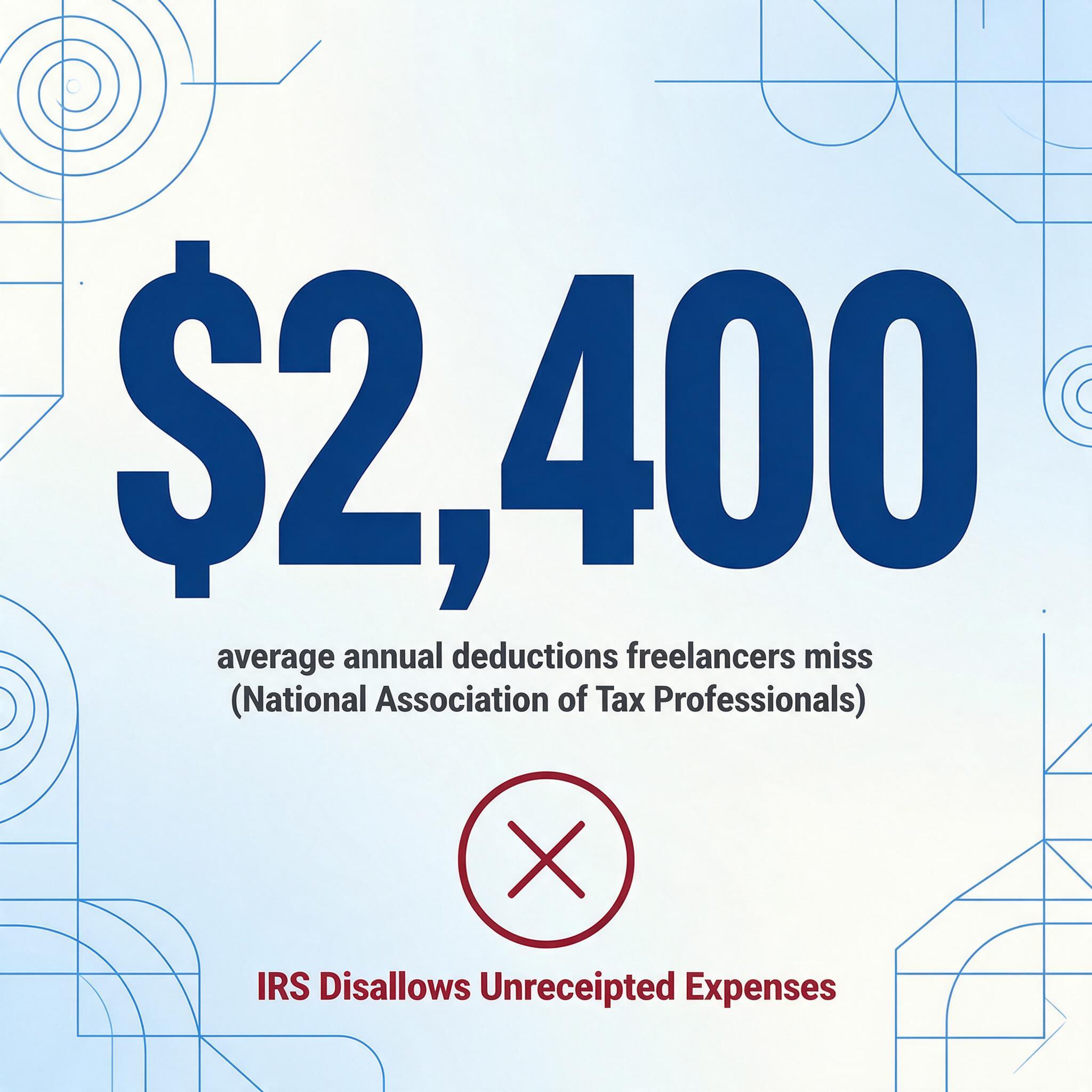 Grafik mit Quadratzahlen, die 2.400 Dollar zeigt, die durchschnittlichen jährlichen Abzüge, die Freiberufler laut National Association of Tax Professionals verpassen, mit einem roten Abzeichen, das besagt, dass der IRS Ausgaben ohne Belege nicht anerkennt.