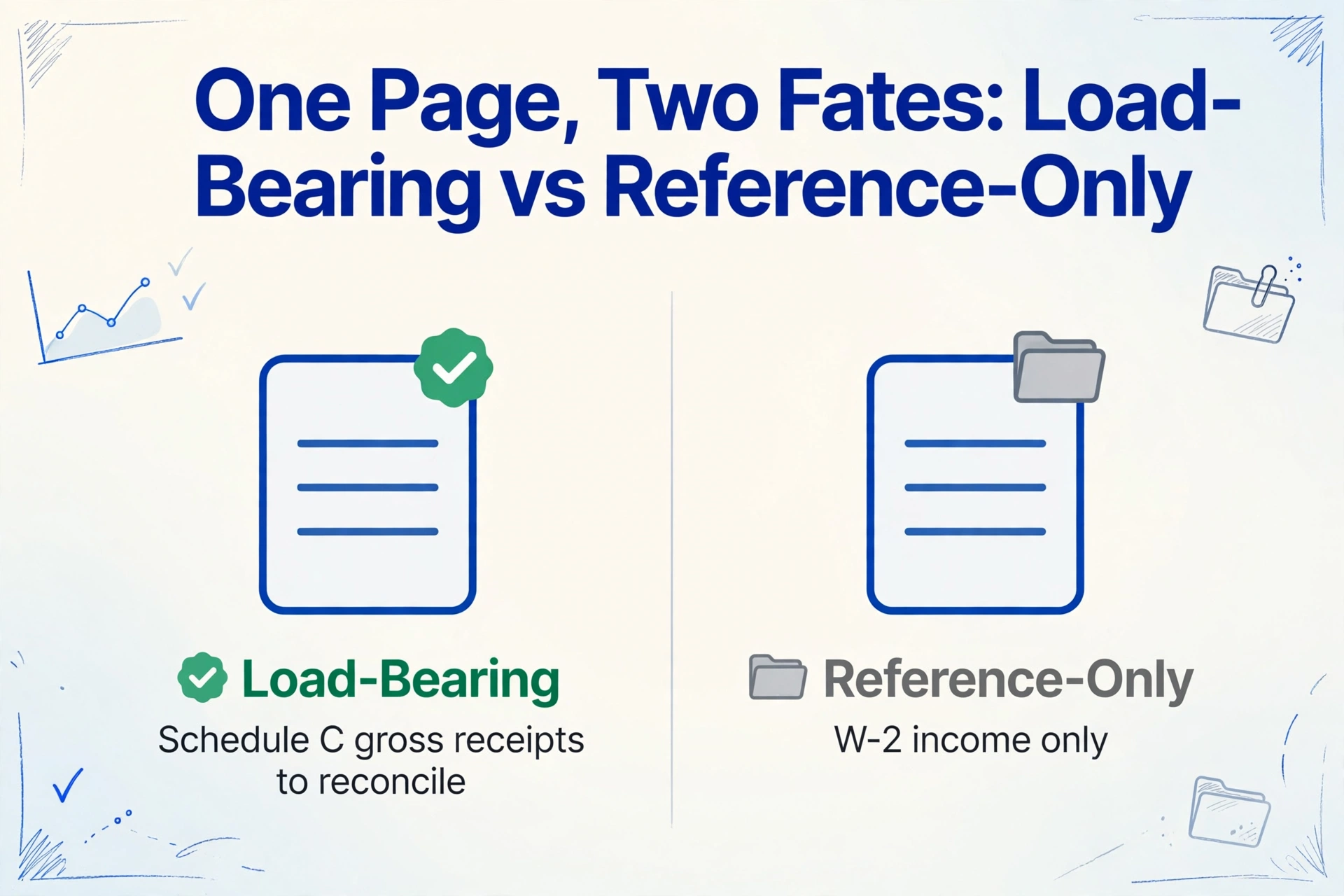 Two-column comparison diagram: left column shows a bank statement icon with a green checkmark labeled 'Load-Bearing' and text 'Schedule C gross receipts to reconcile', right column shows the same bank statement icon with a gray folder labeled 'Reference-Only' and text 'W-2 income only', on a light gradient background with subtle blue sketch decorations.