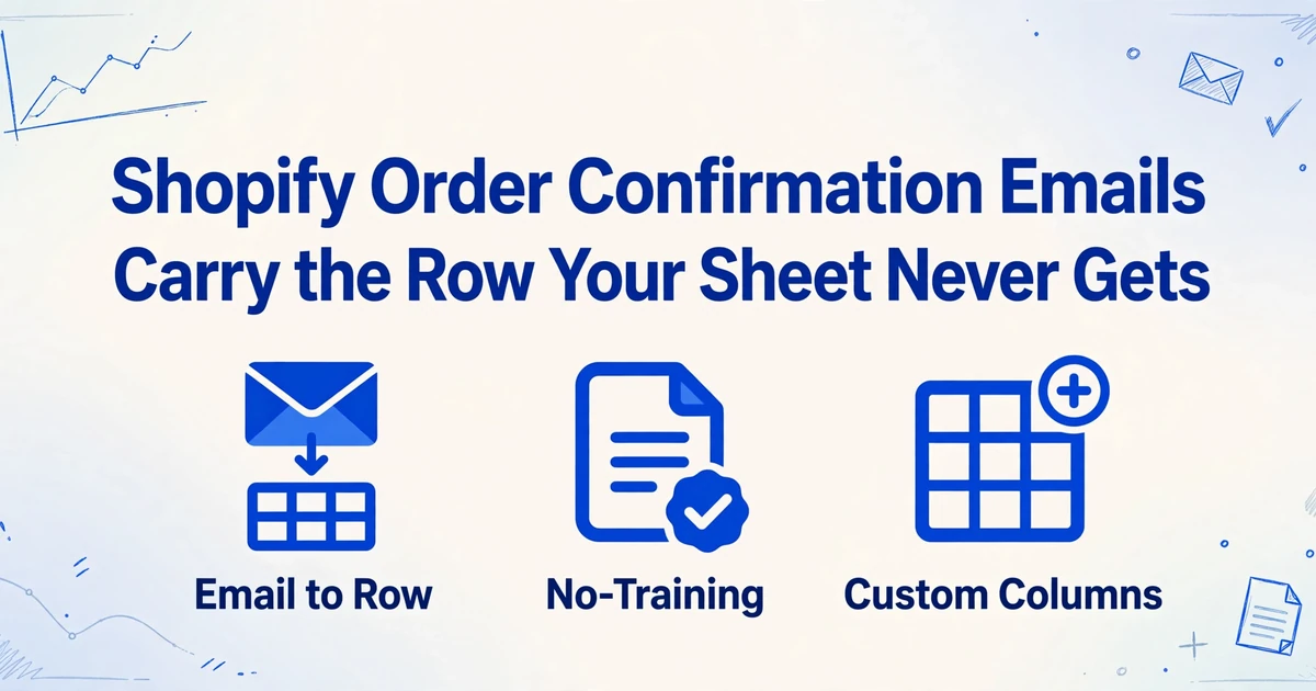 Hero image showing the blog title 'Shopify Order Confirmation Emails Carry the Row Your Sheet Never Gets' with three icons below: Email to Row, No-Training, and Custom Columns, on a light gradient background with hand-drawn blue line decorations in the corners.