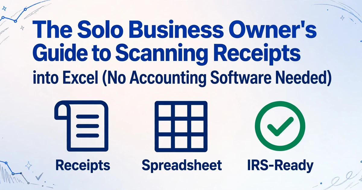 Title text 'The Solo Business Owner's Guide to Scanning Receipts into Excel (No Accounting Software Needed)' with three icons below: Receipts, Spreadsheet, and IRS-Ready checkmark, on a light gradient background with hand-drawn line decorations.