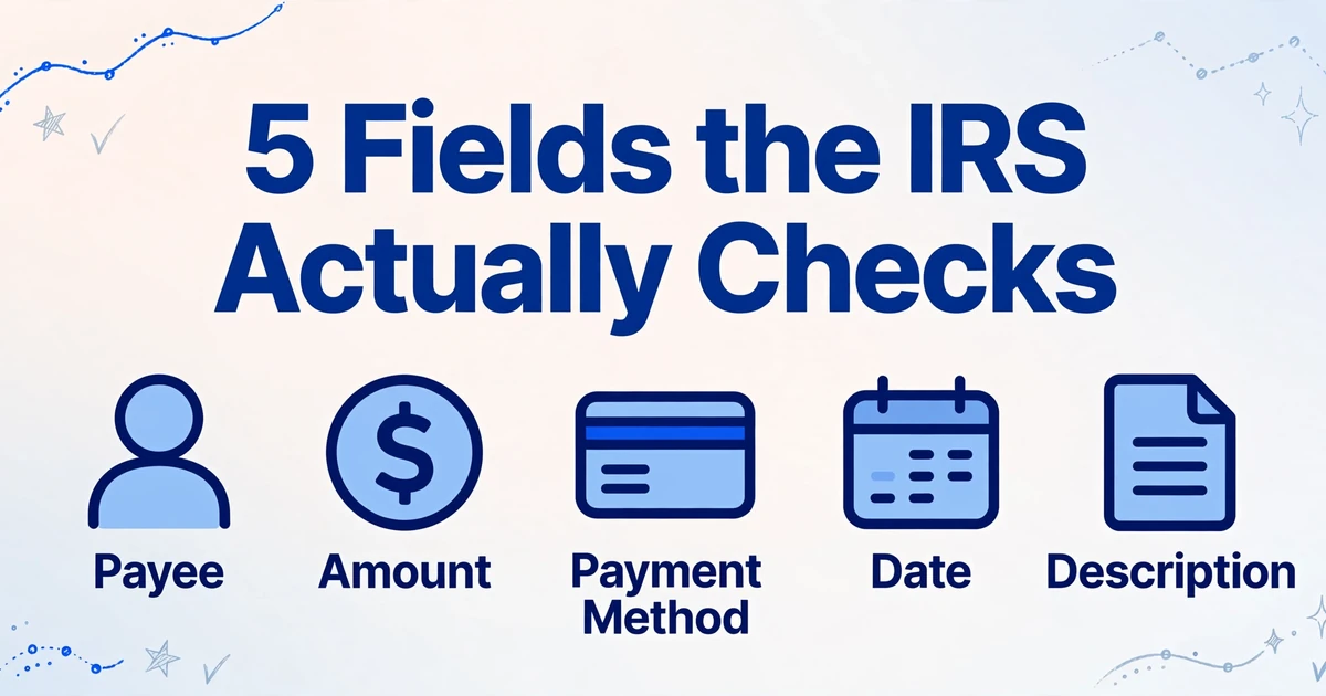 Title '5 Fields the IRS Actually Checks' with five icons and labels: Payee, Amount, Payment Method, Date, Description, on a light gradient background with hand-drawn line decorations.