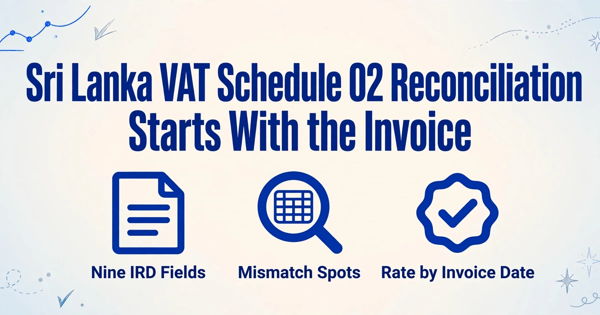 Couverture du blog avec le titre Rapprochement du Schedule 02 de la TVA au Sri Lanka : il commence à la facture, et trois icônes pour Neuf champs IRD, Points de rupture, et Taux selon la date de facture