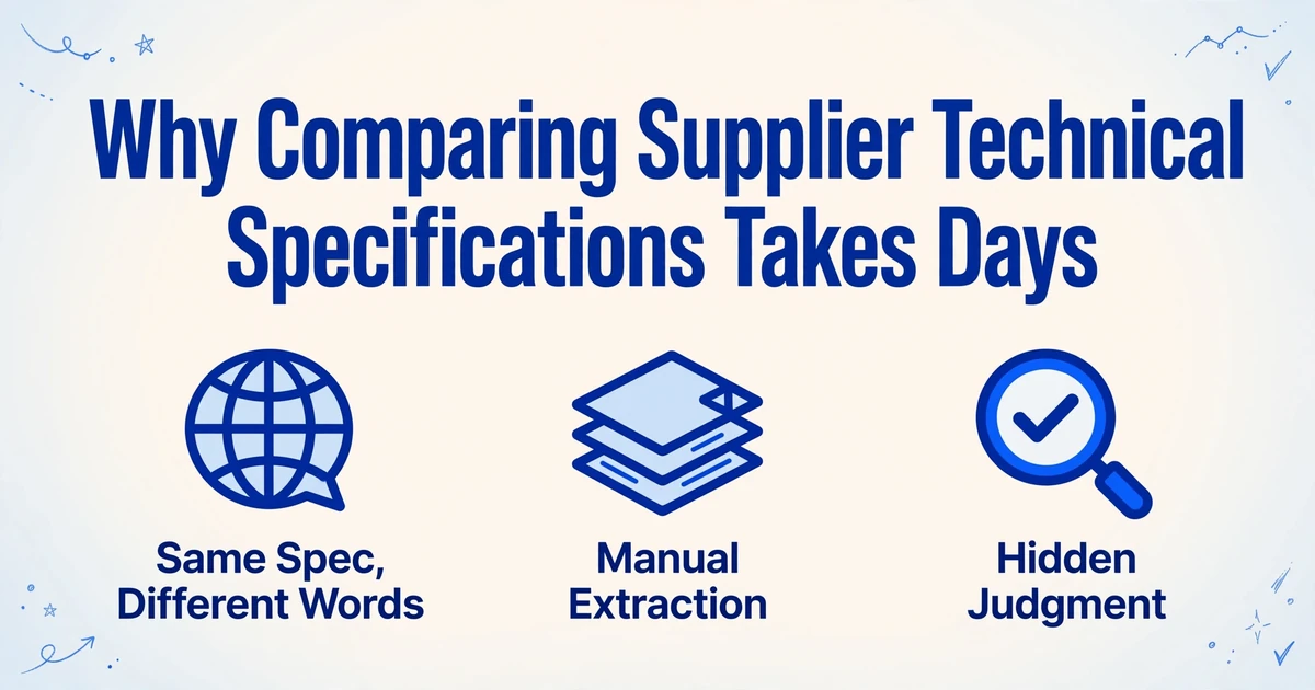 Título 'Por qué comparar especificaciones técnicas de proveedores lleva días' con tres iconos debajo: Misma especificación, palabras diferentes, Extracción manual, Juicio oculto, sobre un fondo degradado limpio con decoraciones de líneas dibujadas a mano.