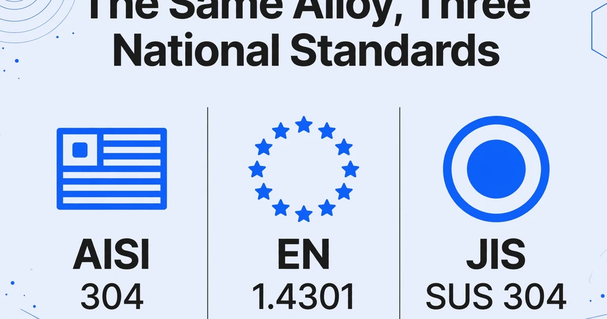 Three-column comparison showing the same stainless steel alloy written as AISI 304, EN 1.4301, and SUS 304 under different national standards.