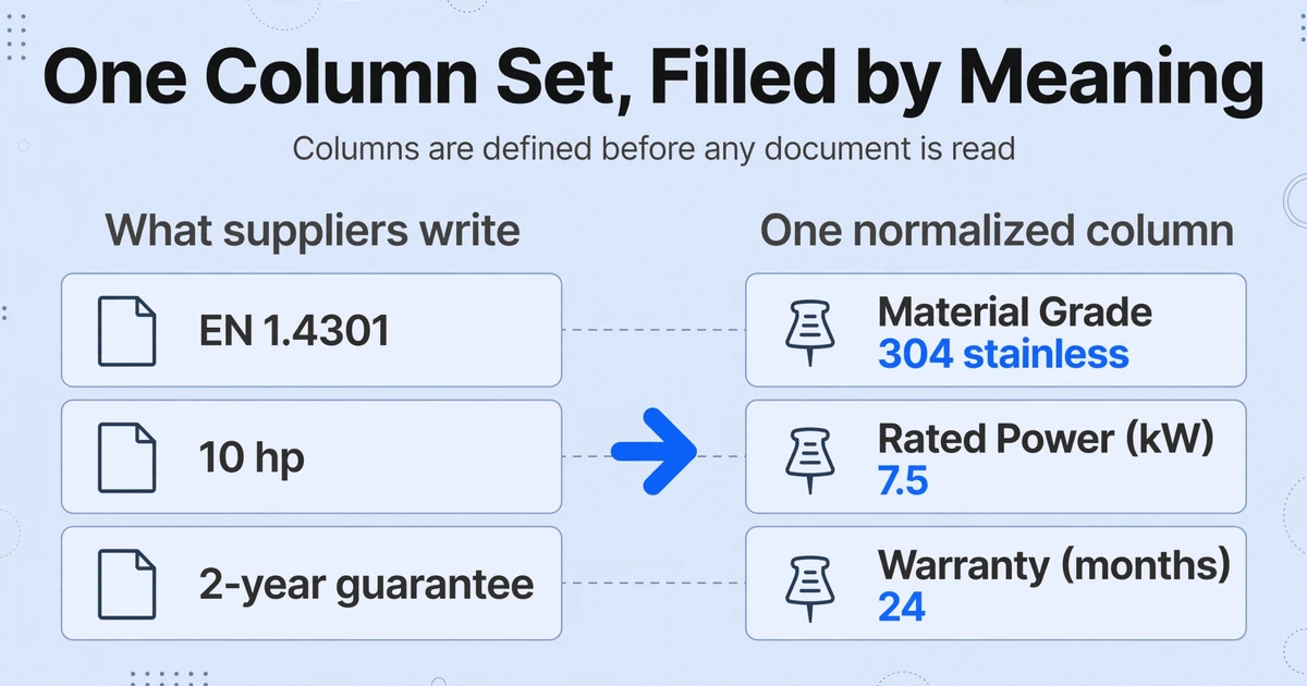 Side-by-side comparison showing raw supplier wording (EN 1.4301, 10 hp, 2-year guarantee) flowing into one normalized column set: Material Grade 304 stainless, Rated Power 7.5 kW, Warranty 24 months.