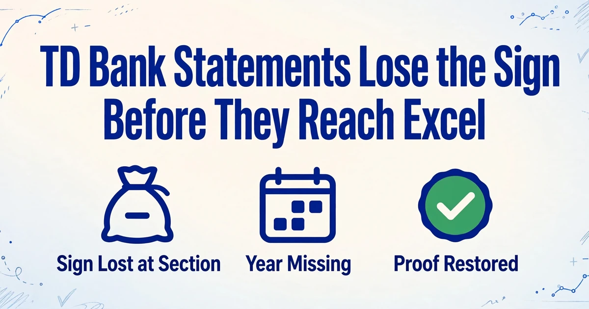 TD Bank statements lose the sign before they reach Excel, with icons showing sign lost at section, year missing, and proof restored