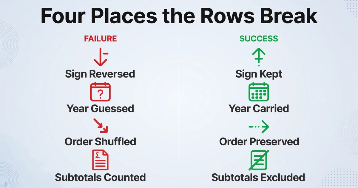 Four places the rows break on the way to a spreadsheet, comparing failure side with sign reversed, year guessed, order shuffled and subtotals counted against success side with sign kept, year carried, order preserved and subtotals excluded
