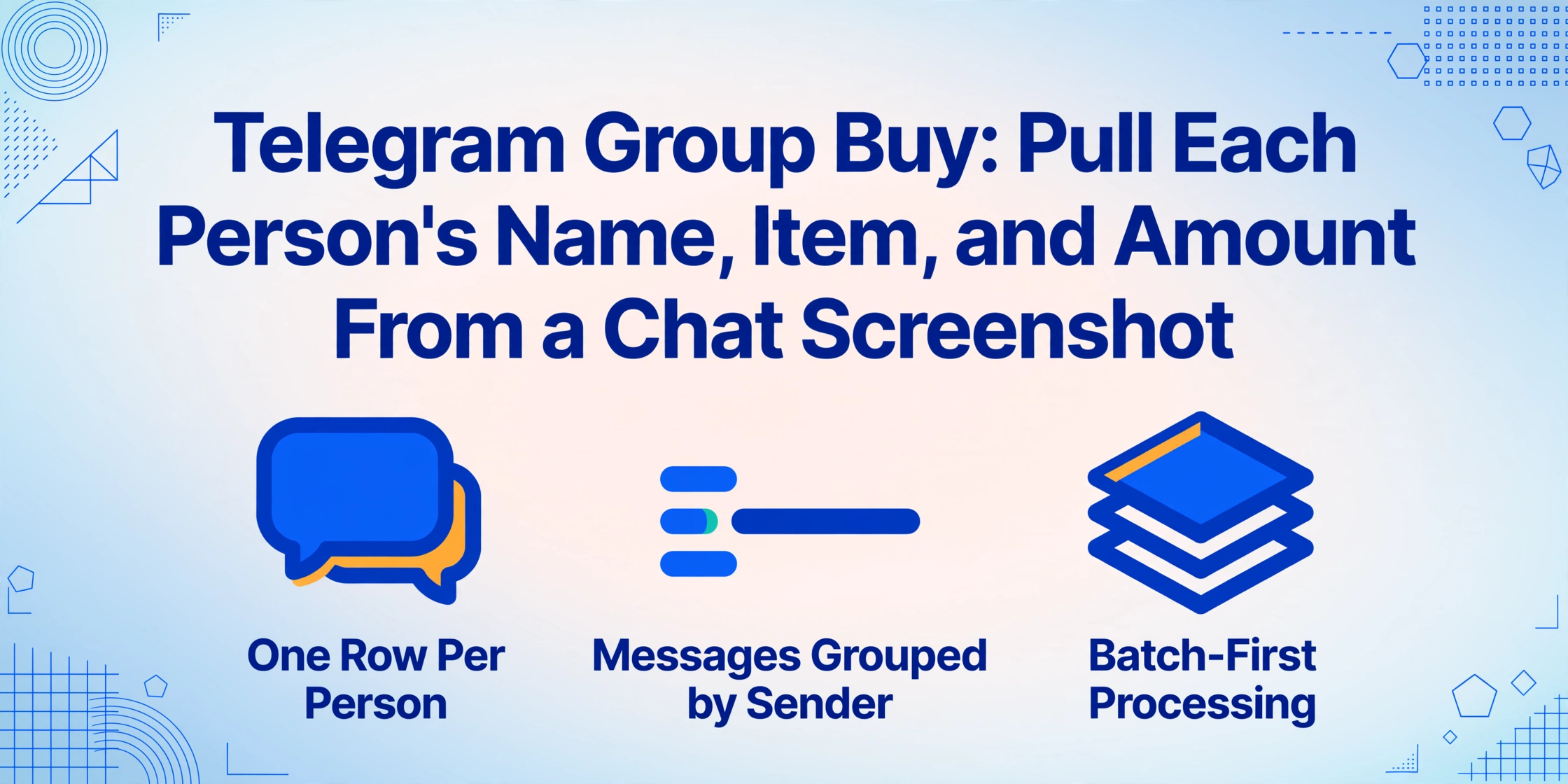 Blog hero card: the title "Telegram Group Buy: Pull Each Person's Name, Item, and Amount From a Chat Screenshot" in deep blue above three flat-vector icons with captions "One Row Per Person", "Messages Grouped by Sender" and "Batch-First Processing", on a pale blue gradient background with brand-blue geometric corner line decorations.