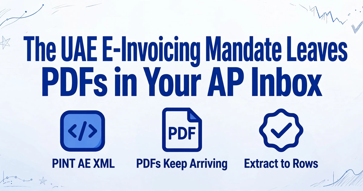 Blog cover image with the title 'The UAE E-Invoicing Mandate Leaves PDFs in Your AP Inbox' and three icons for PINT AE XML, PDFs Keep Arriving, and Extract to Rows