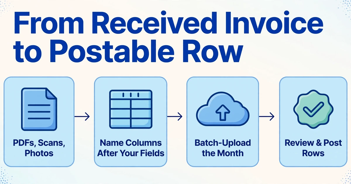 Four-step flow diagram showing the process from received PDFs and scans through naming columns, batch upload, to review and post rows