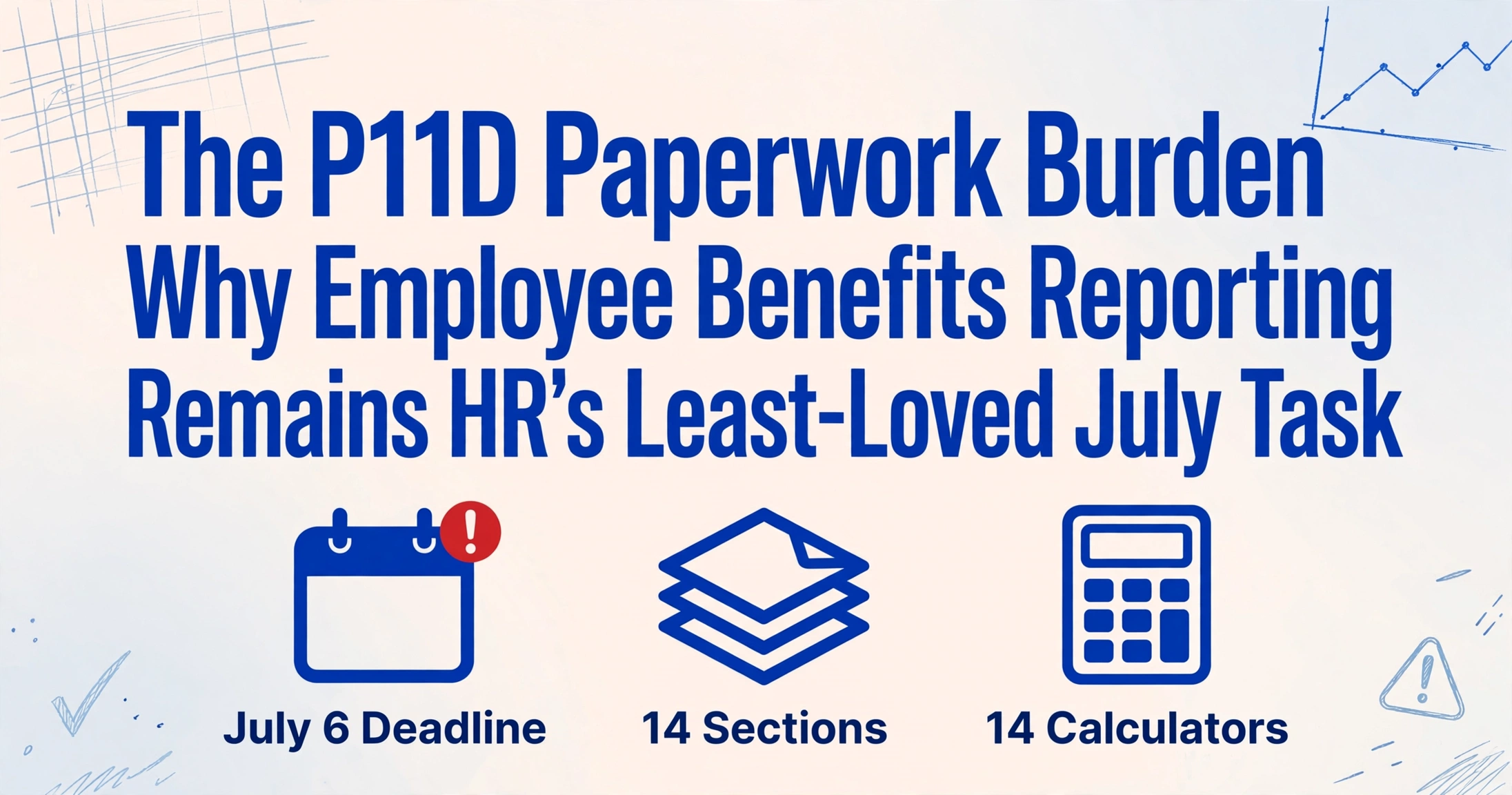 Editorial-style hero image with the title 'The P11D Paperwork Burden: Why Employee Benefits Reporting Remains HR's Least-Loved July Task' in large dark blue text, with three bold icons below for July 6 Deadline, 14 Sections, and 14 Calculators, on a soft cream-to-light-blue gradient background with hand-drawn blue line decorations.