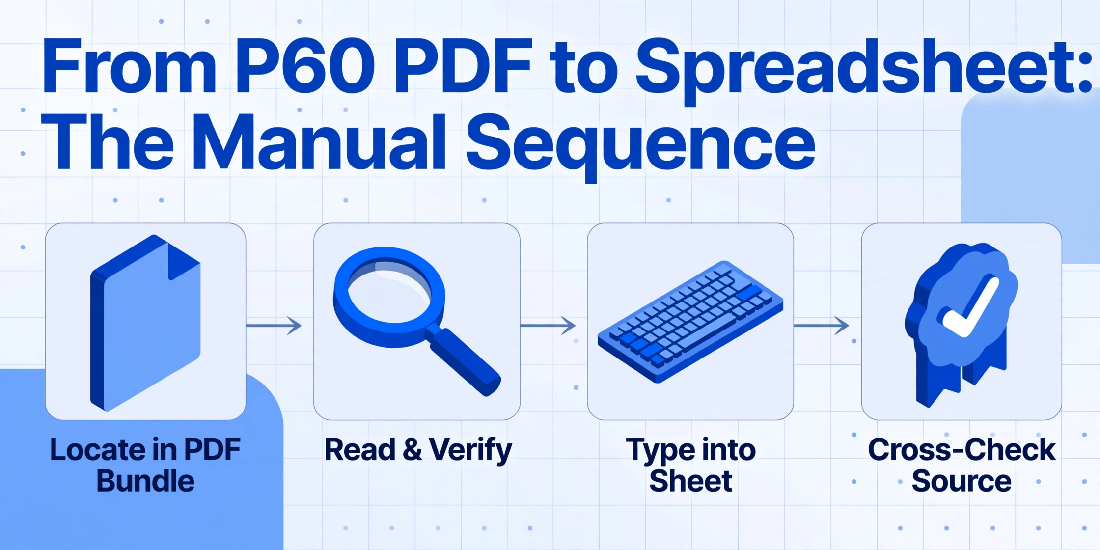 Diagrama de fluxo em quatro etapas que mostra a sequência manual de inserção de dados P60: localizar no pacote PDF, ler e verificar, digitar na planilha, verificar a fonte