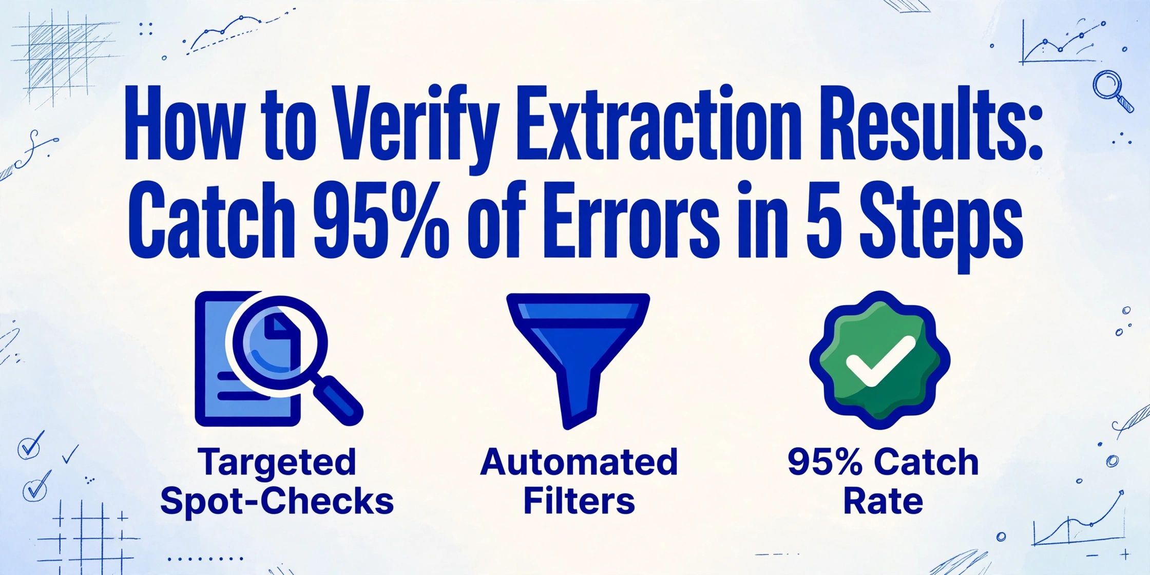 Imagen de portada del blog con el titular 'Cómo Verificar los Resultados de Extracción: Detecta el 95% de los Errores en 5 Pasos' y tres iconos para verificaciones puntuales dirigidas, filtros automáticos y una tasa de detección del 95%.